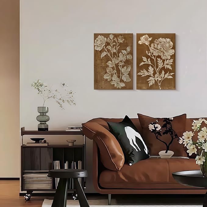 2 Pcs Framed Vintage Botanical Floral Wall Art Brown Flowers Wall Decor Antique Plant Pictures Nature Boho Wildflower Poster Print for Living Room Bedroom 12x16 inch Ready to Hang