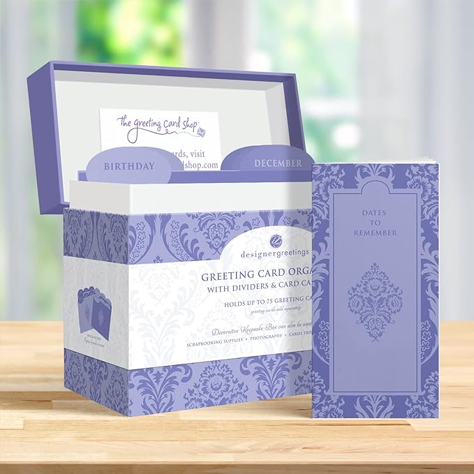 Designer Greetings Greeting Card Organizer Box with Dividers and Calendar, Decorative Lavender Damask Pattern (9.5” x 7.25” x 6”, Holds Up to 75 Greeting Cards), purple - large (711-00005-0000)
