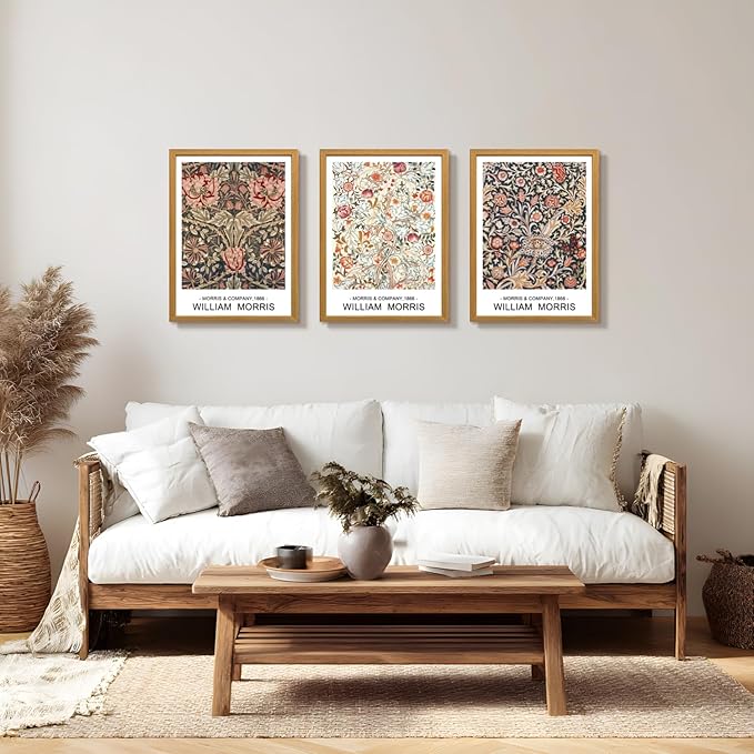 LLEEMPI William Morris Wall Art Set of 3, Vintage Botanical Wall Decor, Rustic Farmhouse Canvas Painting, Classic Minimalist Poster Prints for Bedroom Bathroom Office Wood Framed 16x24 Inch