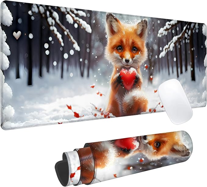 Winter Fox Gaming Mouse Pad, Office Desk Mat, Anti-Slip Rubber Base Cool Aesthetic Mouse Pads for Computer Laptop Keyboard School Home Desktop Gamer Home Accessories Decor 31.5" x 11.8"