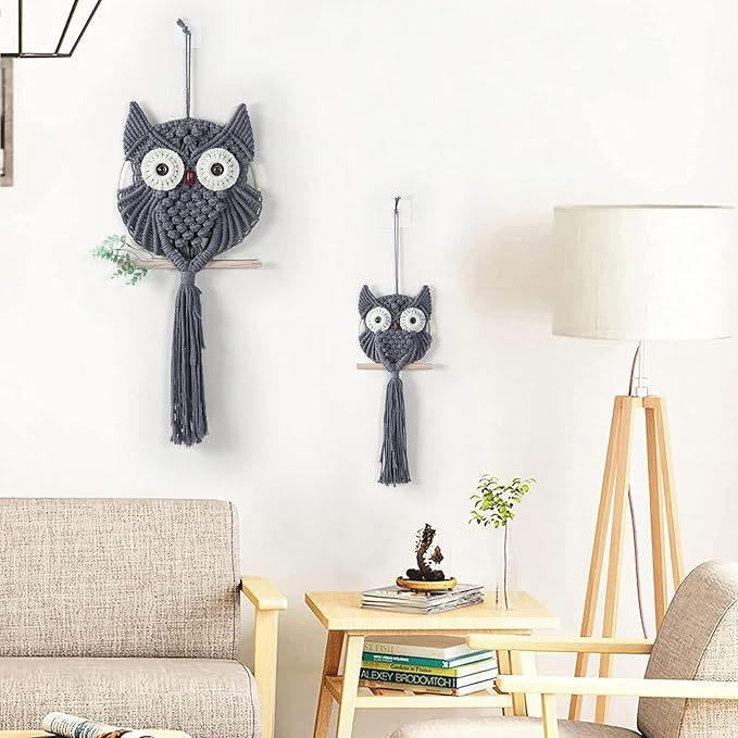 MVSUTA Owl Grey Cotton Handmade Macrame Wall Hanging Tapestry Home Decor Art and Gray Craft Wonderful Decoration Woven Boho Ornament for Office Bedroom Apartment Living Nursery Gallery,2pcs set:1pc L
