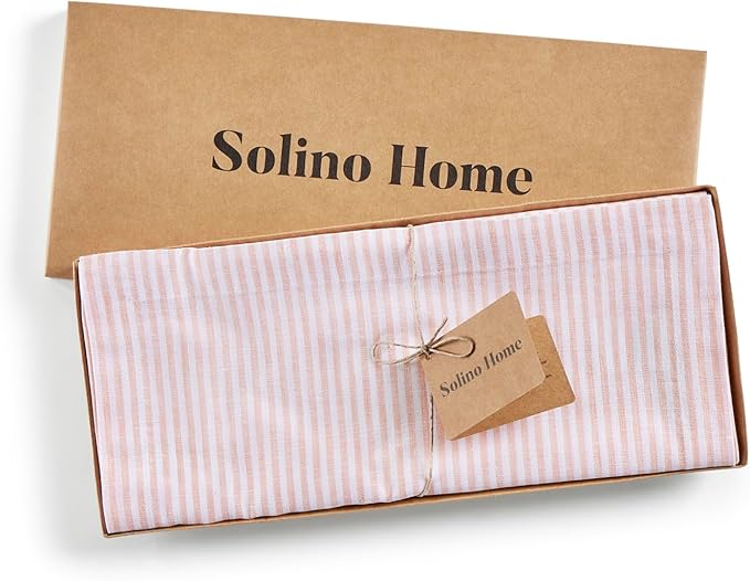 Solino Home Linen Table Runner 90 Inches Long - Narrow Stripe, 100% Pure Linen Peach and White Farmhouse Table Runner 14 x 90 Inch for Dining, Valentines, Spring, Easter