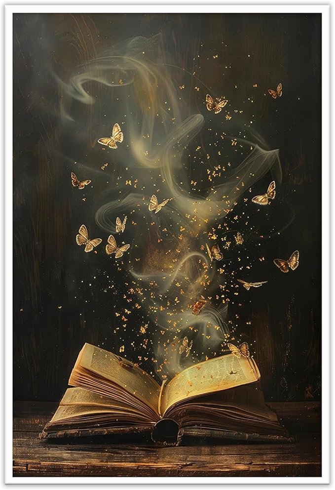 Whimsical Enchanted Open Book Wall Art Vintage Golden Butterflies Aesthetic Poster Print Funny Mystical Smoke Canvas Picture Decor for Office Bedroom Living Room Apartment 12x16inch Unframed