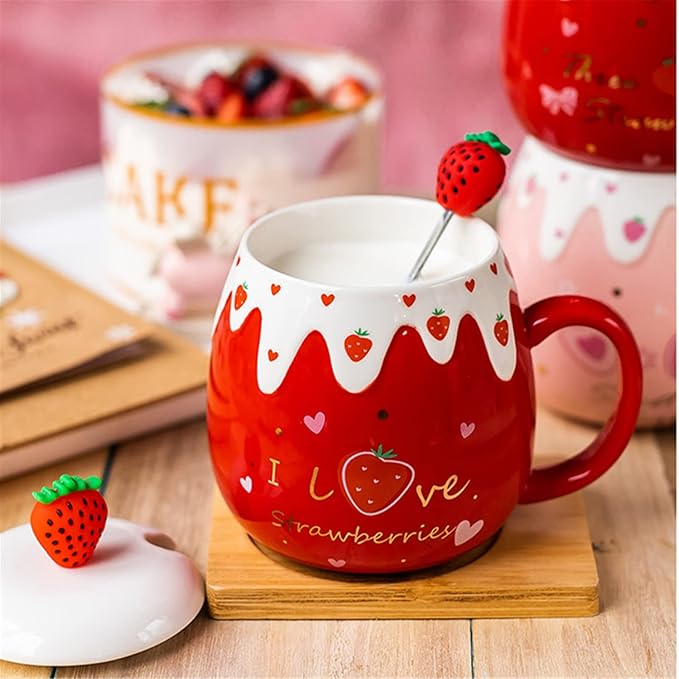 Coffee Mug Cups Ceramic Tea Cup Fruits Strawberry Shaped Handmade Cute Mugs With Lid Spoon Handle Office Home Hot Ice Chocolate Milk Mugs Gift Microwave Dishwasher Safe Travel Mugs (Strawberry)