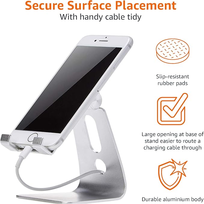 Amazon Basics Adjustable Aluminum Phone Stand for Cell Phones, iPhone and Android, 3.15 x 2.87 x 3.74 inch, Silver