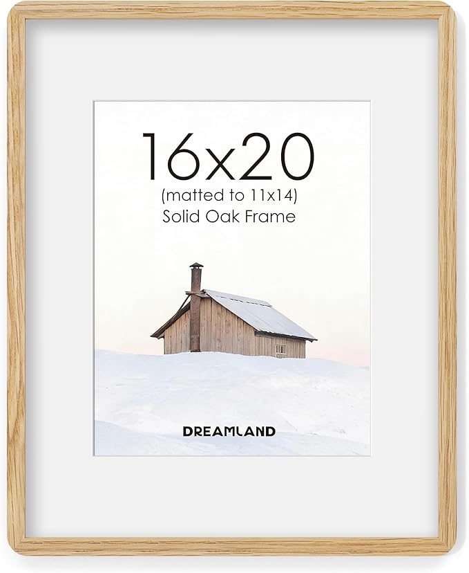 Dreamland 16x20 Picture Frame, Natural Oak Wood Photo Frame with Mat for 11x14, Round Corner 16 x 20 Matted Picture Frames with Resistant Plexiglass for Wall Mounting or Tabletop, Oak Color, Set of 1