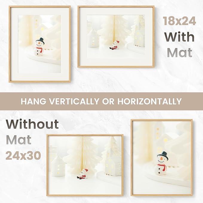 24x30 Poster Frame, USA-Sourced Natural Oak Wood Picture Collage Frame with HD Tempered Glass, Modern Simple 24 x 30 Wooden Photo Frame Matted to 18x24, Vertical & Horizontal Wall Hanging Display
