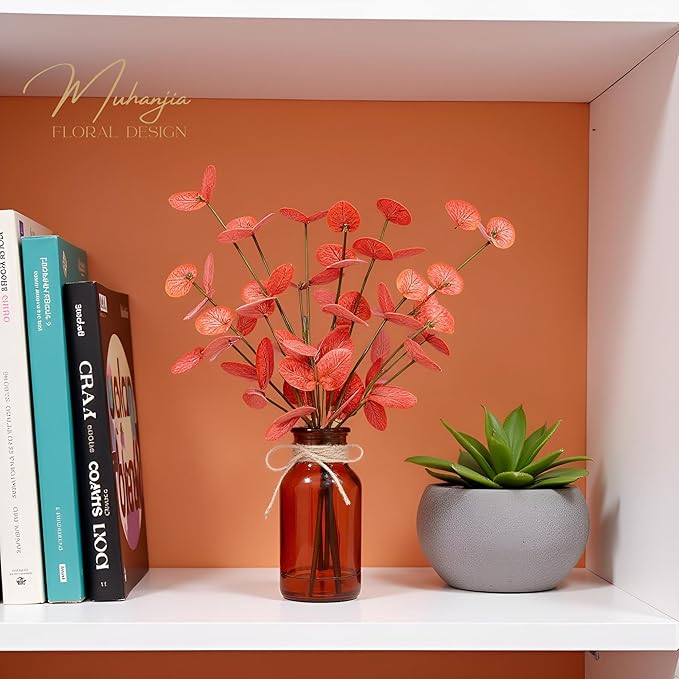Muhanjia Artificial Eucalyptus Stems in Amber Glass Vase with Faux Water,3Pcs Fake Plant with Double-Sided Orange Leaves for Centerpiece (Double-Sided Orange Eucalyptus)