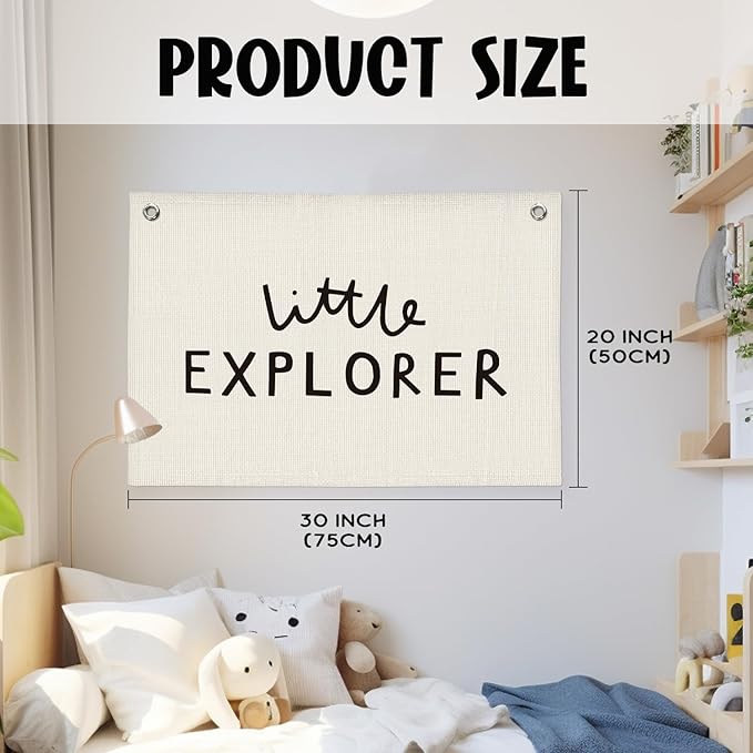 Little Explorer Baby Shower Linen Canvas Banner, Boys Room Decor, Camping Wall Hanging Canvas Banner Flag Decor for Toddler Boy Room Nursery Playroom, 20x30 Inch