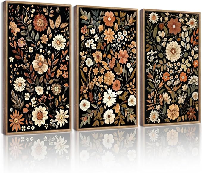 KUVIOKE Orange Vintage Flower Framed Wall Art Boho Floral Wall Decor Retro Wildflower Modern Art Prints Bedroom Living Room Home Decor 16x24in (Natural Framed)