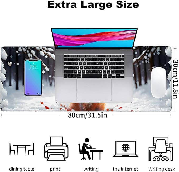 Winter Fox Gaming Mouse Pad, Office Desk Mat, Anti-Slip Rubber Base Cool Aesthetic Mouse Pads for Computer Laptop Keyboard School Home Desktop Gamer Home Accessories Decor 31.5" x 11.8"