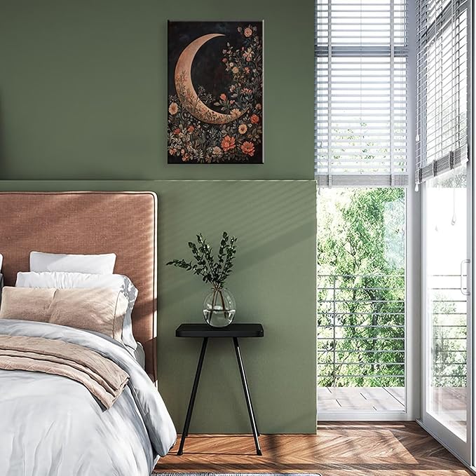Crescent Moon Floral Canvas Poster Modern Trendy Lunar Wall Art Vintage Dark Celestial Painting Prints Whimsical Botanical Aesthetic Home Decor for Bedroom Living Room 24x36inch Framed