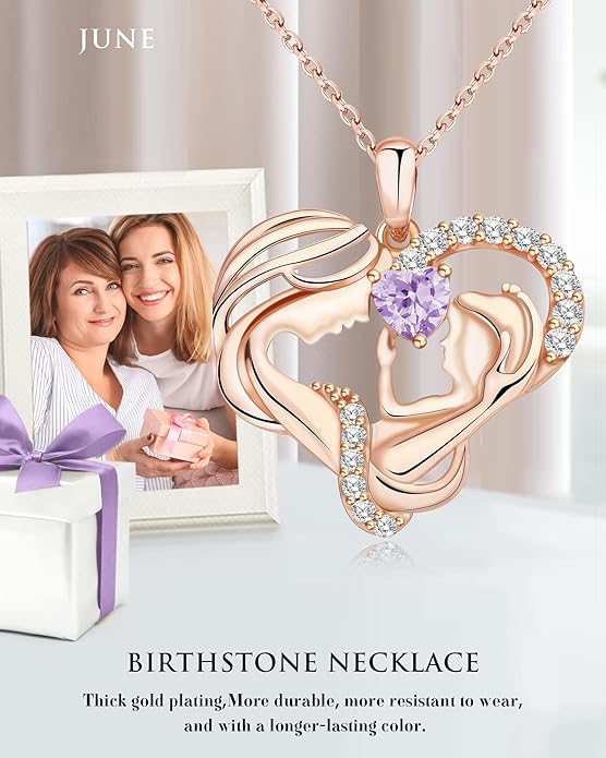 Mothers Day Gifts for Mom - Rose Heart Necklaces for Women, 925 Sterling Silver Birthstone Jewelry to My Wife Necklace, Birthday Gifts for Mother Grandma Girlfriend Her