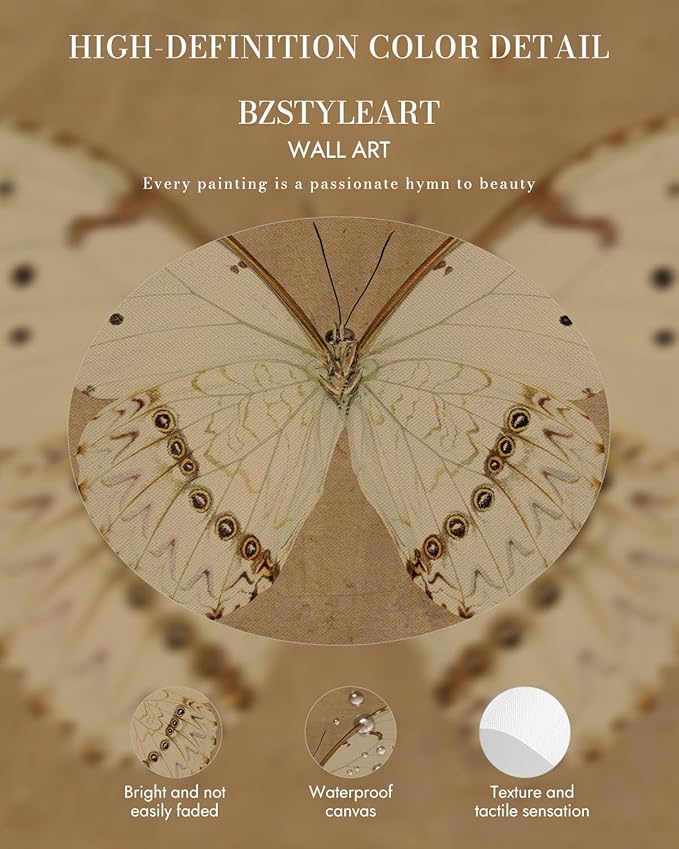 Bzstyleart Vintage Wall Art Decor for Living Room,Gold Framed Canvas Butterfly Wall Art,Vintage Butterfly Picture Prints,Gold Framed Artwork,12 x 16 Inch