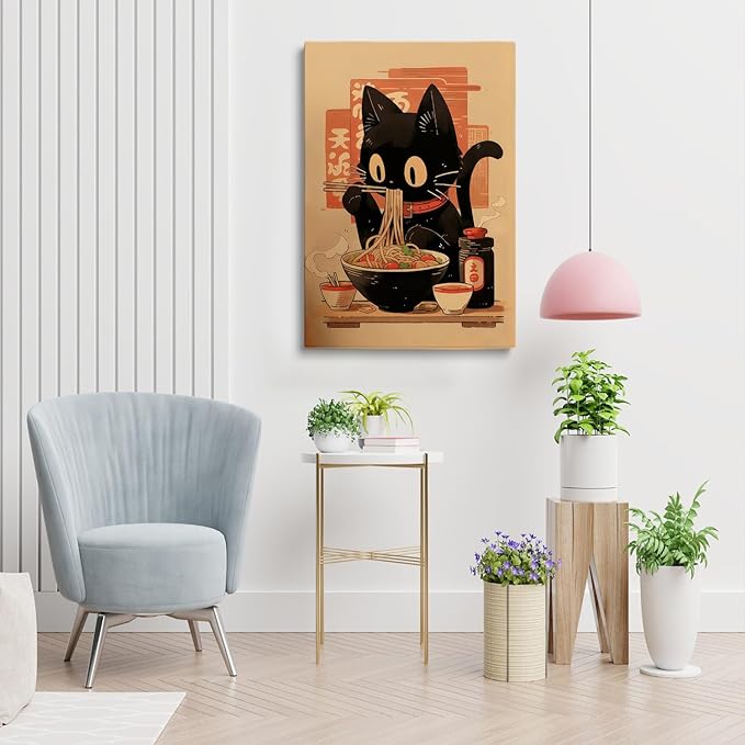 Noodle Black Cat Poster,Tonkine Cat Print,Edo Period Ramen Noodles Art,Ramen Stall Print,Vintage Ramen Print,Japan Black Cat Poster,Eating Hungry Cat For,Kitchen Wall Art12x16Unframed
