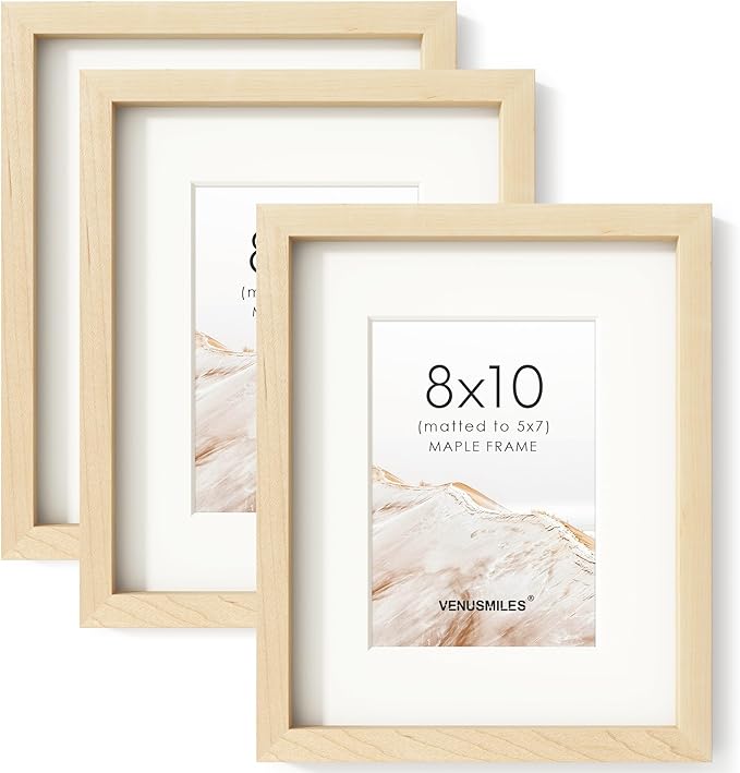 8x10 Picture Frame Set of 3, USA-Sourced Natural Maple Wood Photo Collage Frame with HD Tempered Glass, Modern Simple 8 x 10 Wooden Frame Matted to 5x7, Gallery Frames for Art Wall or Tabletop Display