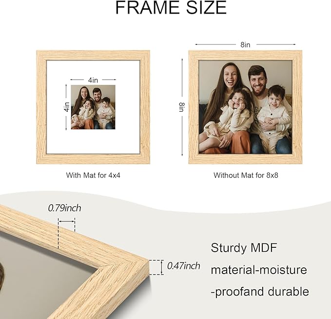 8x8 Picture Frame Set of 9, Photo Gallery Wall Frame Set, Display Pictures 4x4 with Mat or 8 x 8 Without Mat, Square Frame Picture Frames Collage Wall Decor, Natural Oak