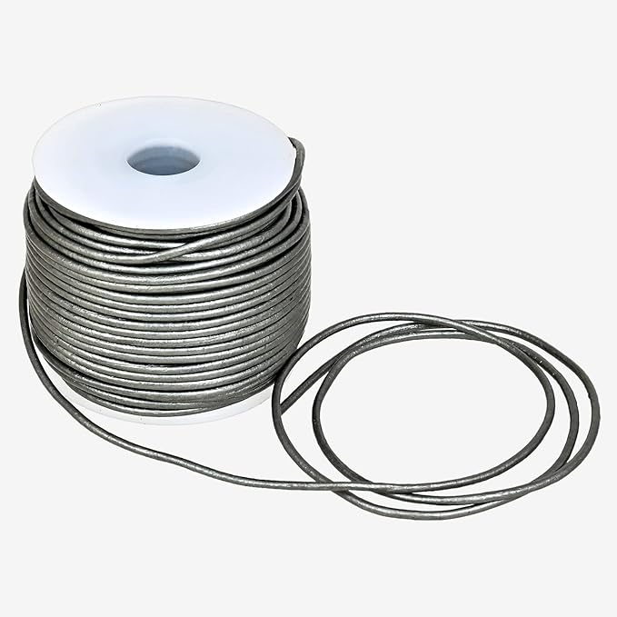 GENIQUE Real/Genuine Round Leather String Cord for Necklace, Bracelets, Jewelry, Kumihimo Braiding, DIY Projects (20 Metres) (1.5mm, Grey Metallic)