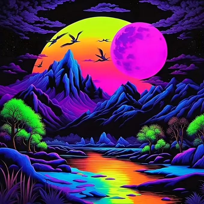 CHWGLFGG 5D Diamond Art Kits for Adults Beginners, Landscape Diamond Painting Kits, DIY Neon Mountain Forest Full Round Drill Paint by Diamonds Dot Gem Art for Adults, Home Wall Decor 13.7X 13.7 Inch