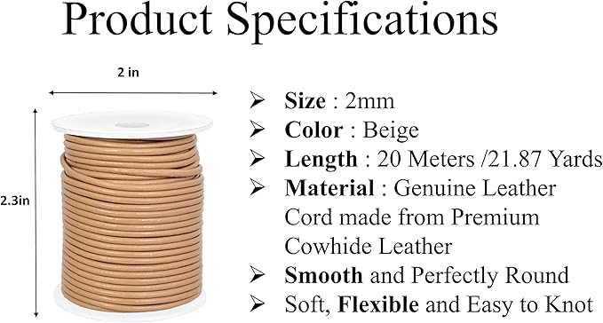 GENIQUE Real/Genuine Round Leather String Cord for Necklace, Bracelets, Jewellery, Braiding (Beige, 2mm)