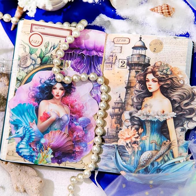 Yoksas 180 Sheets Vintage Ocean Mermaid Mythology Scrapbook Paper - Fantasy Undersea Junk Journals Decorative Cardstock for Posters,Card Making,Scrapbook Craft Supplies