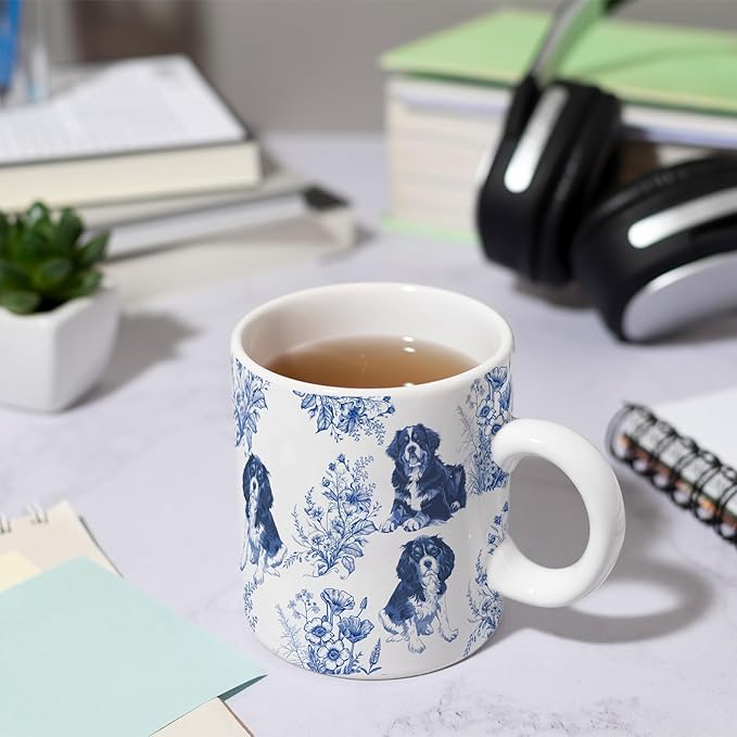Cavalier King Charles Spaniel with Bernise Mountain Dog Blue French Toile Coffee Mug, Cavalier & Bernise Lover Gifts for Women, Blue Toile Coffee Cup, Birthday Gifts for Dogs Mom, Dog Dad, 15 oz