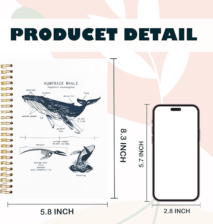 Humpback Whale Shark Notebook Journal for Note Taking, Marine Biology Shark Gifts, Ocean Animal Beach Spiral Notebook, Ocean Themed Gifts, 5.5x8.3 Inch
