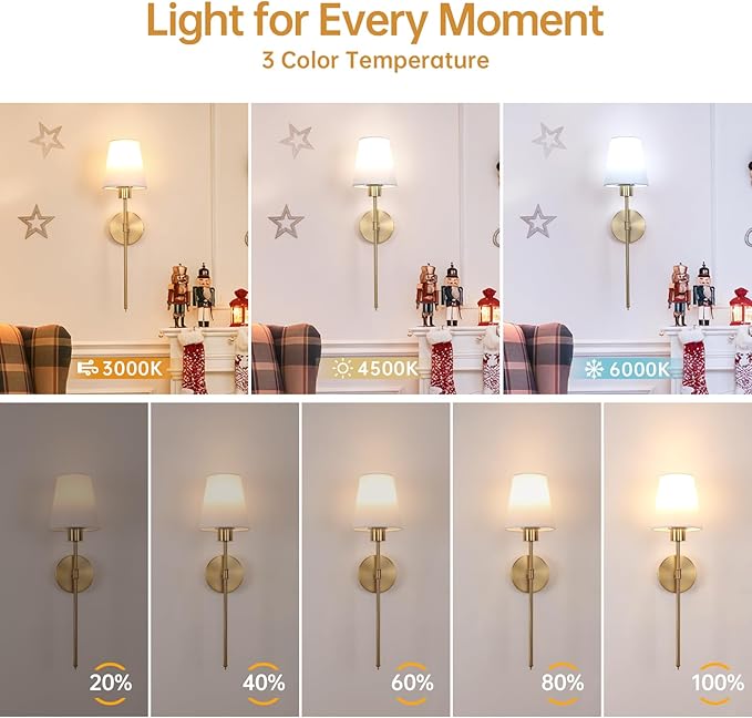 Fabric Wall Sconce Battery Operated Set of 2, Rechargeable Wall Lights with 5000mAh RGB Dimmable Bulb, 12 Colors Wall Sconces for Bedroom Living Room, Gold