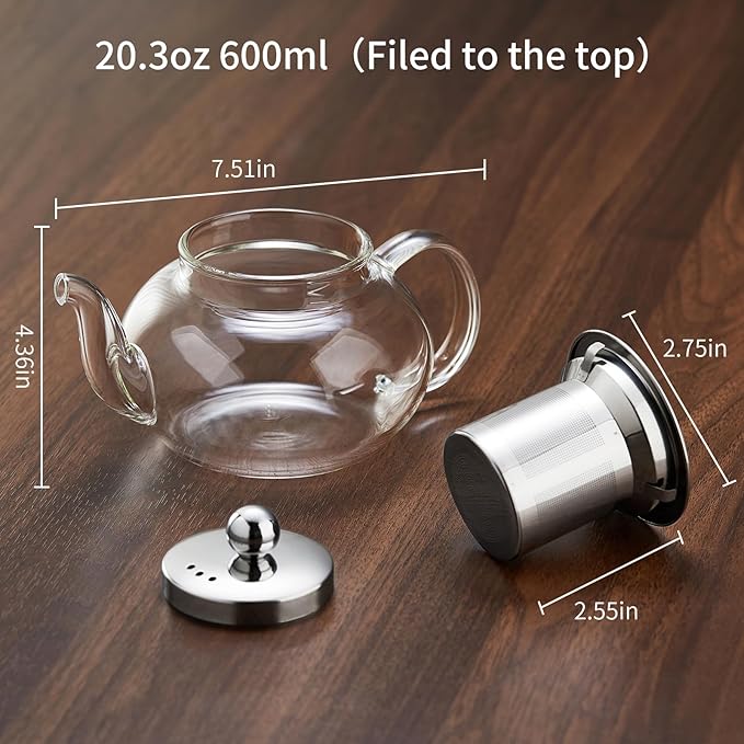 Glass Teapot with Removable Infuser, 27 oz/800ml Glass Tea Pot Small Borosilicate Tea Steeper Kettle with Loose Leaf Tea Strainer For Flower Blooming Tea, ClearTea Maker Pitcher