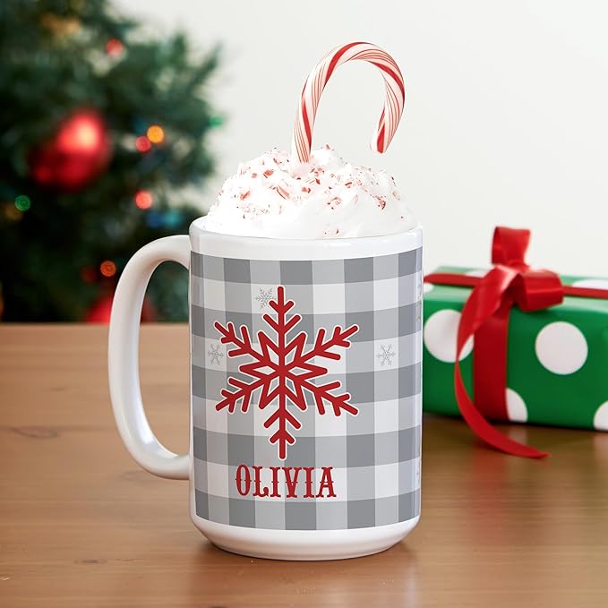 Let's Make Memories Personalized Mug - Christmas Holiday Stocking Stuffer - Ceramic Coffee Mug - Buffalo Plaid Snowflake - White Handle - 15 oz.