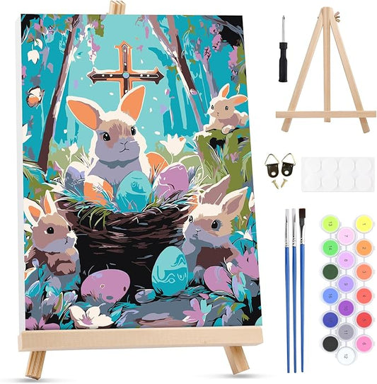 MXJSUA Easter Framed Paint by Numbers for Adults Beginners, Easy Adults' Paint-by-Number Kits on Canvas with Easel, Bunnies Acrylic Number Painting Crafts Kit Gifts for Home Decor, 8x12inch