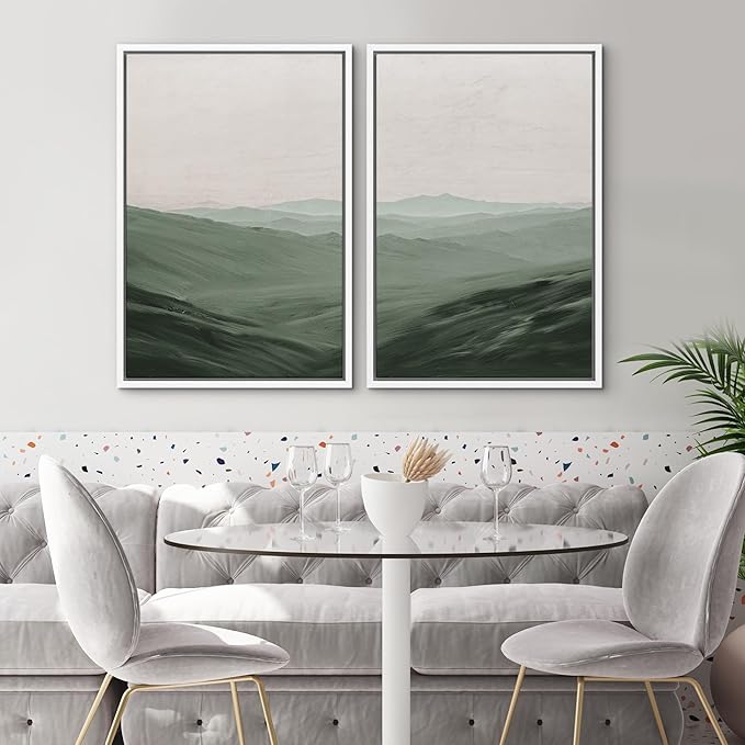 SIGNWIN Framed Canvas Print Wall Art Set Watercolor Green Mountain Valley View Nature Wilderness Illustrations Fine Art Farmhouse Minimal for Living Room, Bedroom, Office - 24"x36"x2 White