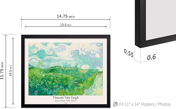 Monem Art Vintage Van Gogh Poster - Retro Green Wheat Fields Auvers Print - Impressionism Art - Fine Art - Landscape Art - Classic Painting Art - Great Living Room Decor - 11x14 Black Framed