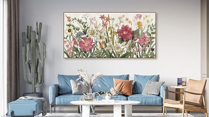 arteWOODS Botanical Framed Wall Art - Flowers Canvas Pictures Wall Decor Wildflowers Plants Painting Artwork Red Beige Blooming Floral Prints for Living Room Bedroom 48 x 24in Natural Wood Frame