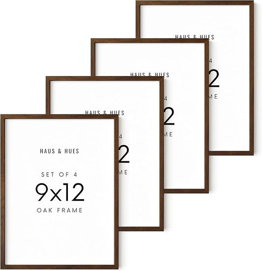 HAUS AND HUES Walnut Wood 9x12 Picture Frames - Set of 4, Natural Frames for Photos and Prints (Walnut Oak Frame)