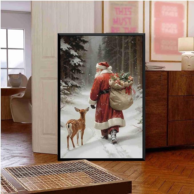 Framed Canvas Wall Art Vintage Santa Claus Print Christmas Wall Art Reindeer Painting Christmas Holiday Decor Winter Forest Painting 12x18in Metal blackFramed