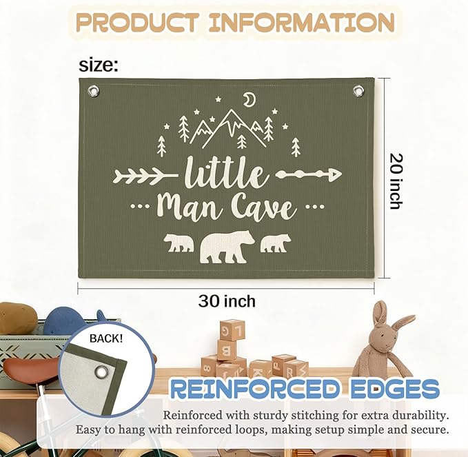 Boys Room Decor Wall Art,Woodland Nursery Decor,Little Man Cave Sign for Boys Banner Canvas,Nursery Room Wall Hanging for Bedroom,Farmhouse 30X20 Inch