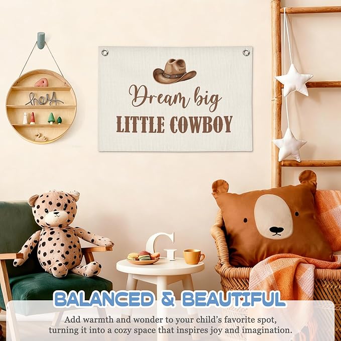 Vintage Western Cowboy Nursery Decor Wall Art,Dream Big Little Cowboy Linen Banner Print,Western Wall Decor Hanging Banner Flag for Kids Boys Toddler Nursery Bedroom Playroom 30x20 Inch