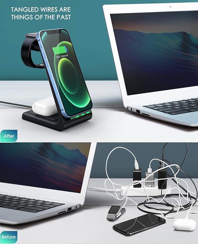 3 in 1 Wireless Charging Station, 2025 Upgraded Fast Desk Charger Station for iPhone 17 16 15 14 13 12 Pro Max Plus, Charger Stand for Apple Watch 10 9 8 7 6 5 4 3 2 SE, Airpods 4 3 2 Pro(Black)