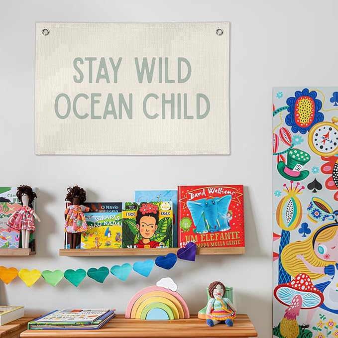 Nursery Wall Decor, Ocean Theme Classroom Decor, Ocean Nursery Decor, Stay Wild Ocean Child Linen Canvas Banner Wall Hanging Flag, Surf Decor, Surfer Girls Boys Room Decor 20x30