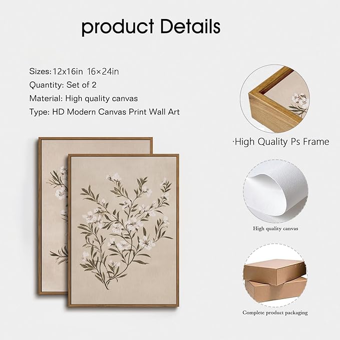 YOYIAXT 2 Pieces Vintage Botanical Canvas Wall Art For Bedroom Minimalist Floral Framed Wall Art Antique Neutral Flower Art Print Artwork For Office Living room, 12x16 in