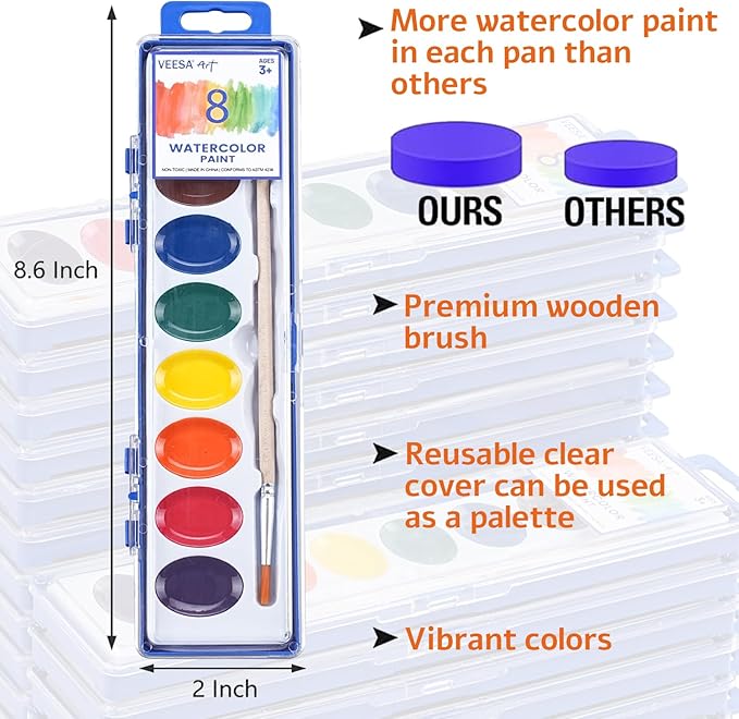 24 Pack Washable Watercolor for Kids, 8 Colors Non-Toxic Water Color Paint with Wood Brushes, Ideal for Classroom, Party Favors, Art Supplies, Christmas Gift