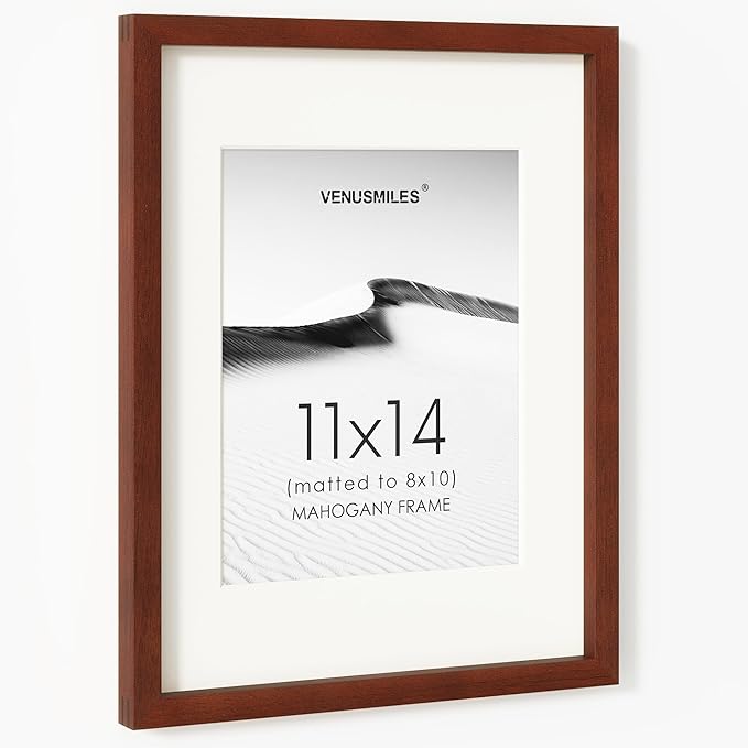 11x14 Picture Frame, USA-Sourced Natural Mahogany Wood Photo Collage Frame with HD Tempered Glass, Modern Simple 11 x 14 Wooden Frame Matted to 8x10, Vertical & Horizontal Wall Hanging Display