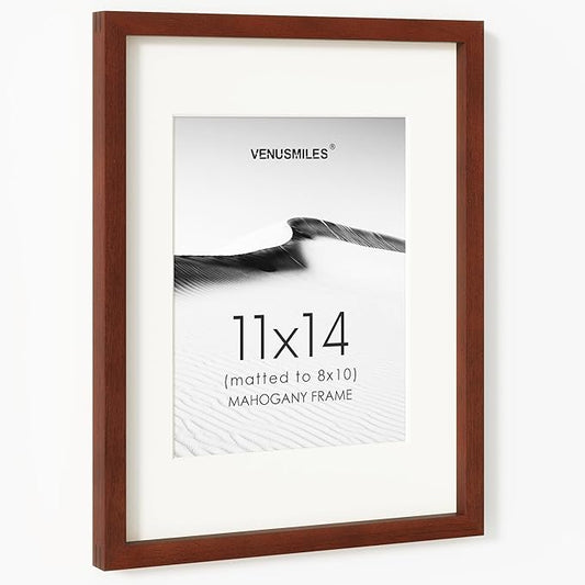 11x14 Picture Frame, USA-Sourced Natural Mahogany Wood Photo Collage Frame with HD Tempered Glass, Modern Simple 11 x 14 Wooden Frame Matted to 8x10, Vertical & Horizontal Wall Hanging Display