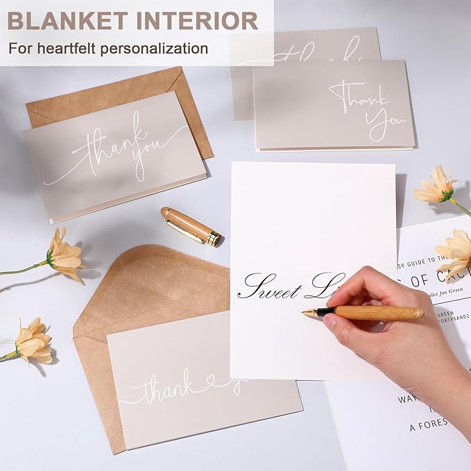 Teling 200 Set Thank You Cards with Envelopes Bulk, 6 x 4 Inch Blank Thank U Greeting Notes with Brown Kraft Envelopes Stickers Thankyou Card Set for Graduation Wedding Birthday Baby Shower (Khaki)