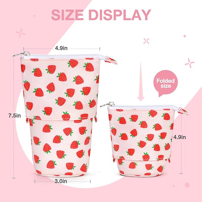 Cute Standing Pencil Case Pen Holder for Kids, Pop Up Stand UP Bubble Tea Pen Organizer Kawaii Stationary for Christmas Holiday New Year Office (Strawberry)