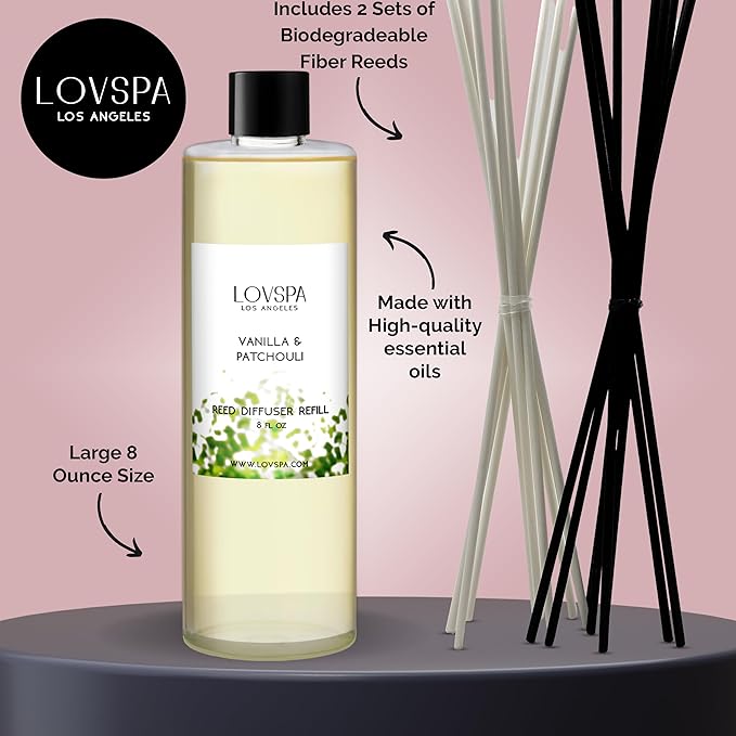 LOVSPA Vanilla & Patchouli Diffuser Oil - Essential Oils for Diffuser Refill & Air Freshener Room Spray - Long-Lasting & Natural Home Fragrance, Scented Oil for Diffusers, USA Made, 8 oz
