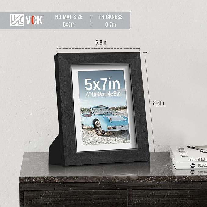 VCK 5x7 Picture Frames Black Set of 5, Wide Border Wood, Tempered Glass, Display 4x6 Photo with Mat or 5 x 7 without, for Home, Office, Gallery, Woodgrain Series, Tabletop & Wall Hanging