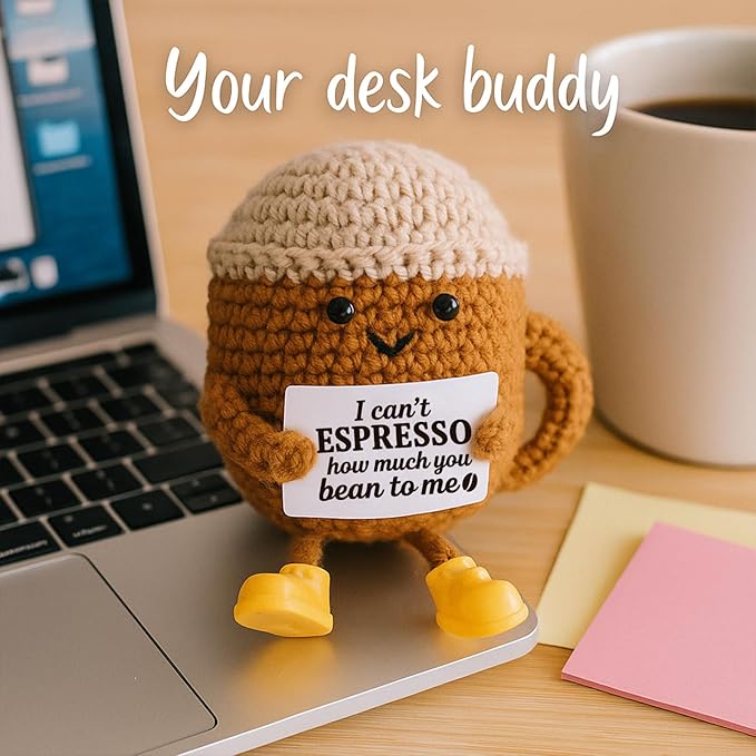 Christmas Stocking Stuffers Birthday Gifts for Women Men Positive Crochet Coffee Cup Desk Decor–Cute Coffee Lover Gift for Best Friend Girlfriend Couple Wife Husband Anniversary Thank You