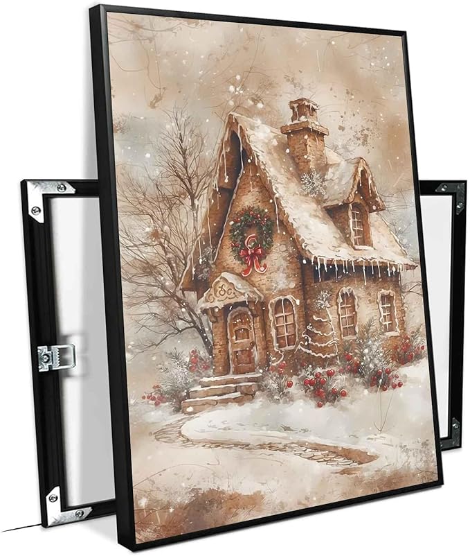 Framed Canvas Wall Art Home decor Winter Gingerbread House Traditional Christmas Print Festive Artwork Wall Decor canvas print poster 20x30in Metal blackFramed